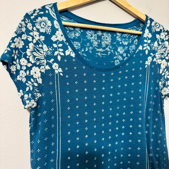 Lucky Brand Women's Top Small Blue Boho Linen Floral Print Short Sleeve Hippie - Picture 3 of 10